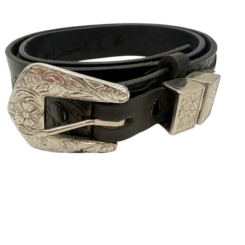 Harley-Davidson Black Leather Belt with Silver Engraved Buckle - Picture 2 of 12
